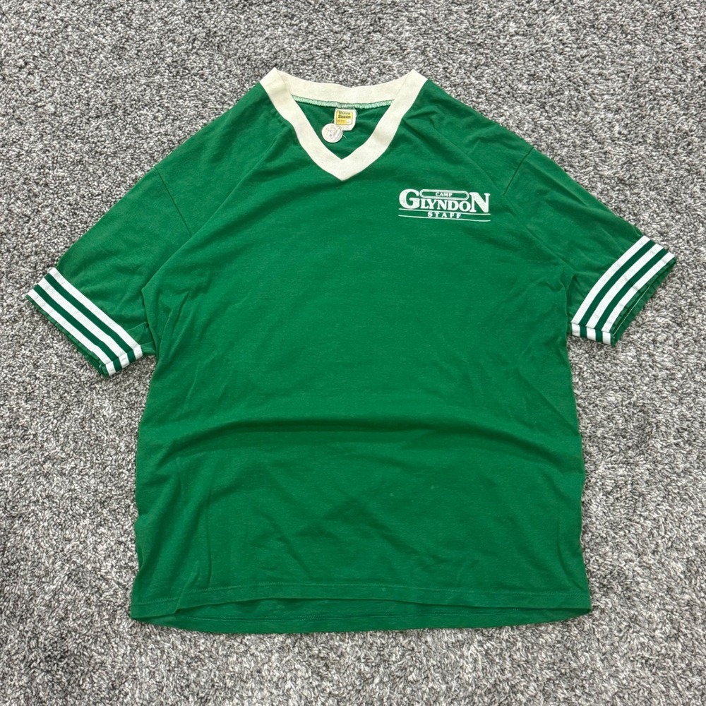 Vintage 80s Velva Sheen Camp Glyndon Staff Ringer T-Shirt Green Mens Large USA